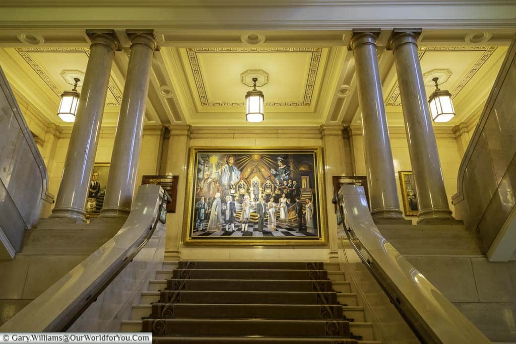 A grand marble staircase inside the art deco freemasons hall on the edge of covent garden in london