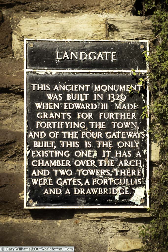 The iron plaque attached to the medieval stone landgate entrance to rye, give the history of this feature of one the quaintest town in east sussex.