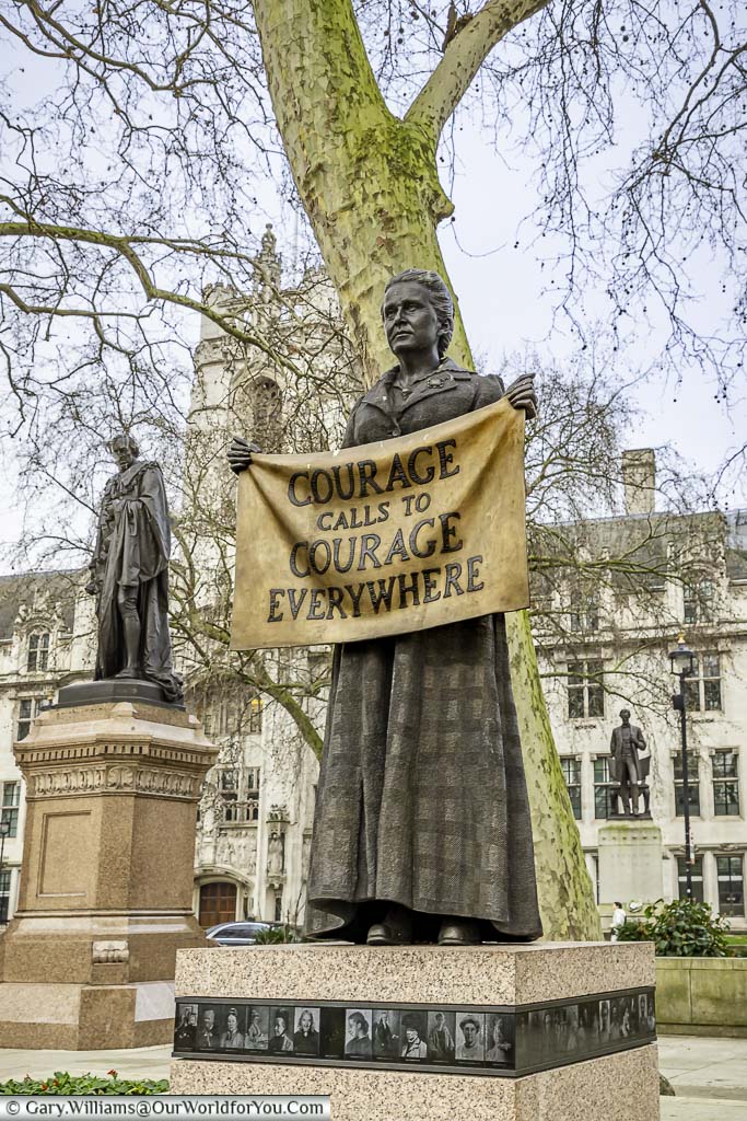 A statue to Millicent Garrett Fawcett in Parliament Square Garden in central Westminster.