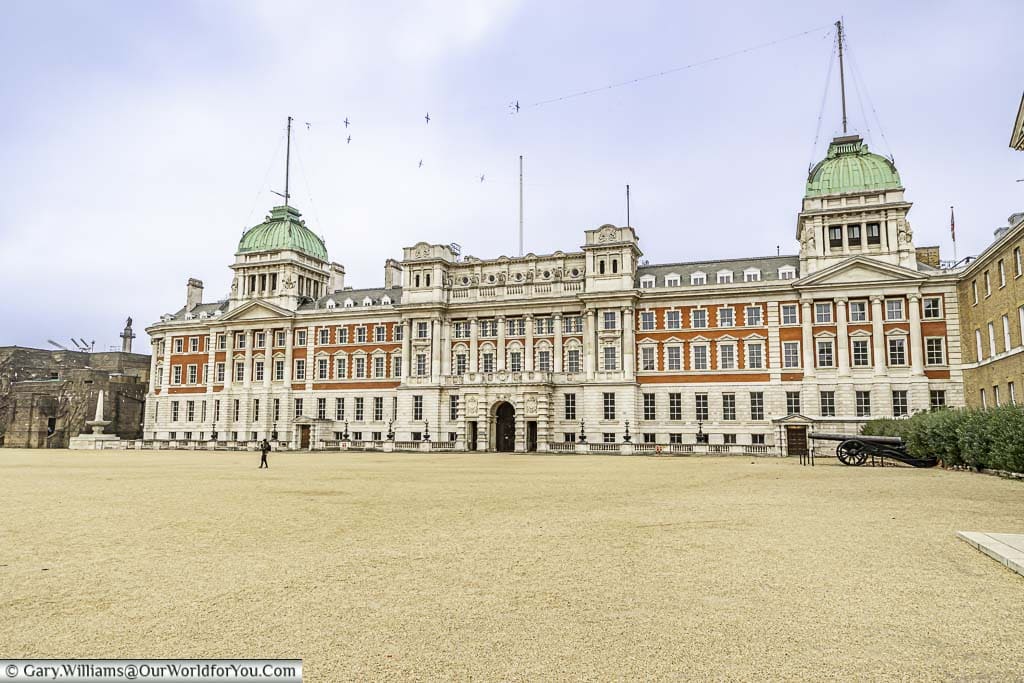Standing on the gravel within Horse Guard Parade ground looking at the Old Admiralty Building in Whitehall.