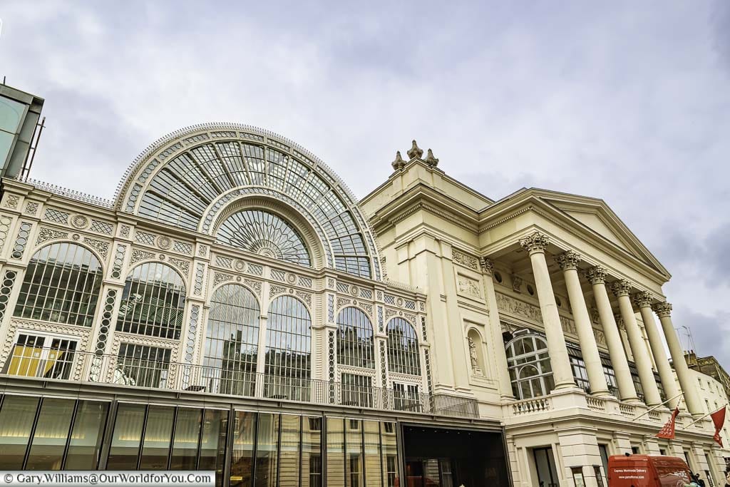 The facade of the Royal Opera House on Bow Street in london's covent garden