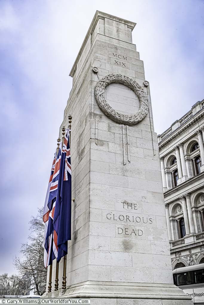 Standing in the centre of Whitehall is 'The Cenotaph'. The memorial, constructed from Portland stone, remembers those that lost their lives in battle from the Commonwealth.