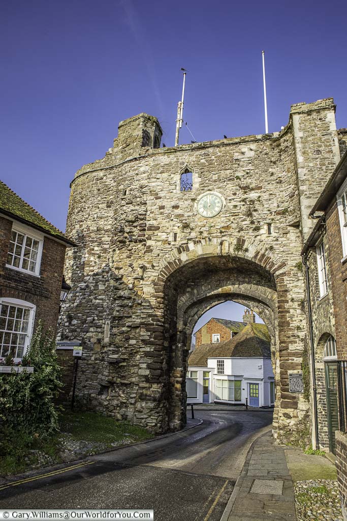 The historic medieval stone Landgate entrance to the pretty town of rye in east sussex
