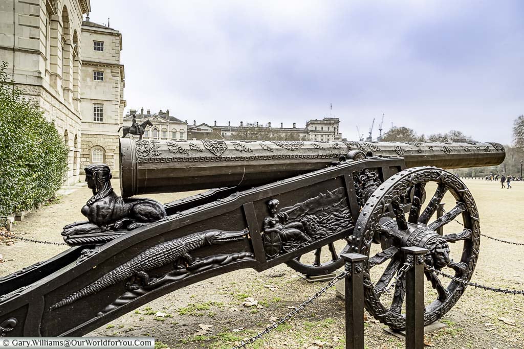 An iron cannon mounted on an ornate carriage known at 'The Ottoman Gun', in Horse Guards Parade ground