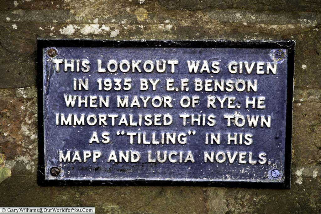 An iron plaque informing you the lookout point in rye, east sussex was donated by E.F Benson when he was mayor of the town