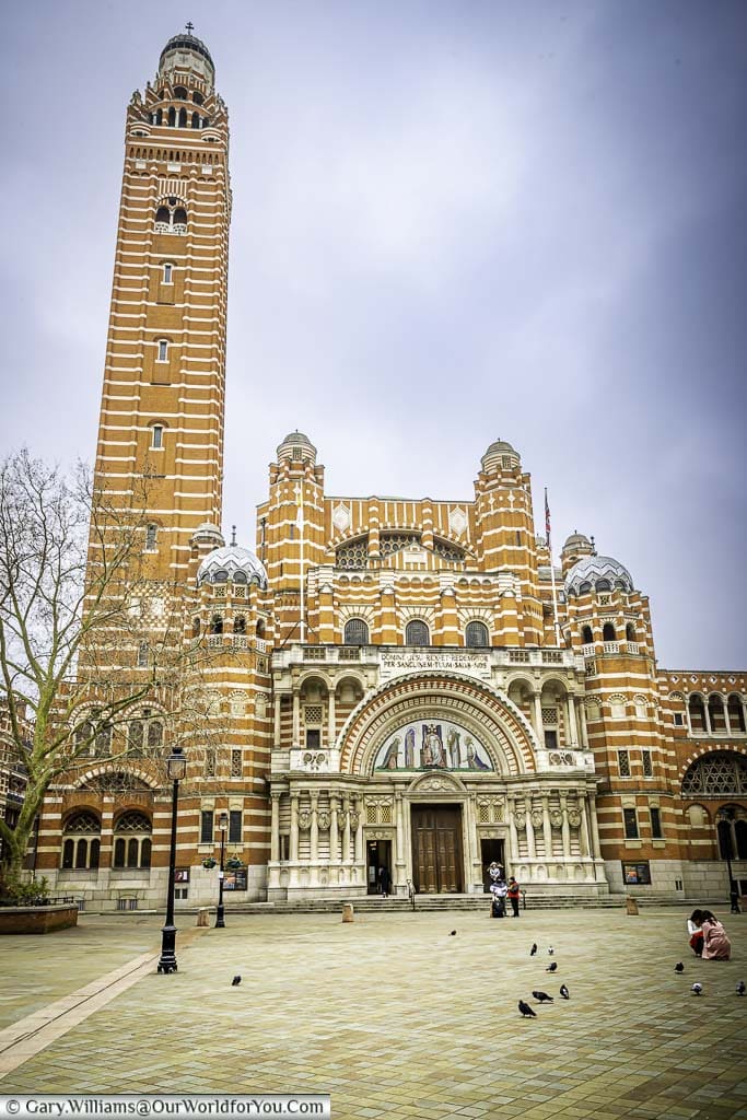 The red brick and white stone of neo-byzantine styled Westminster Cathedral from Cathedral Plaza