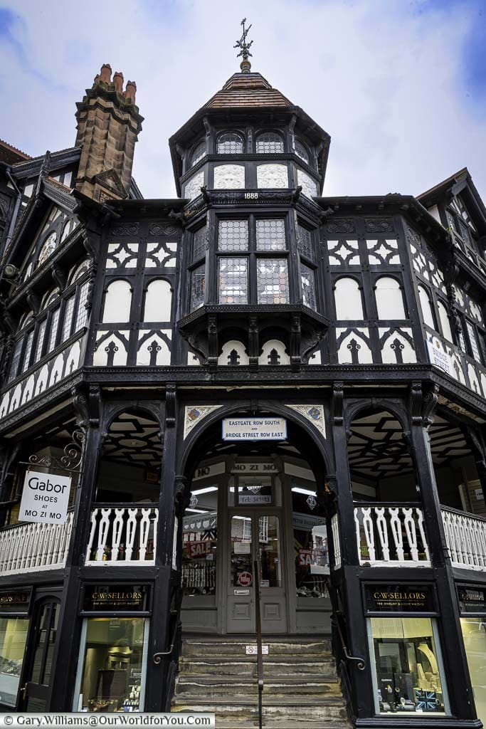 The tudor revival entrance to the rows at the cross and bridge street in chester