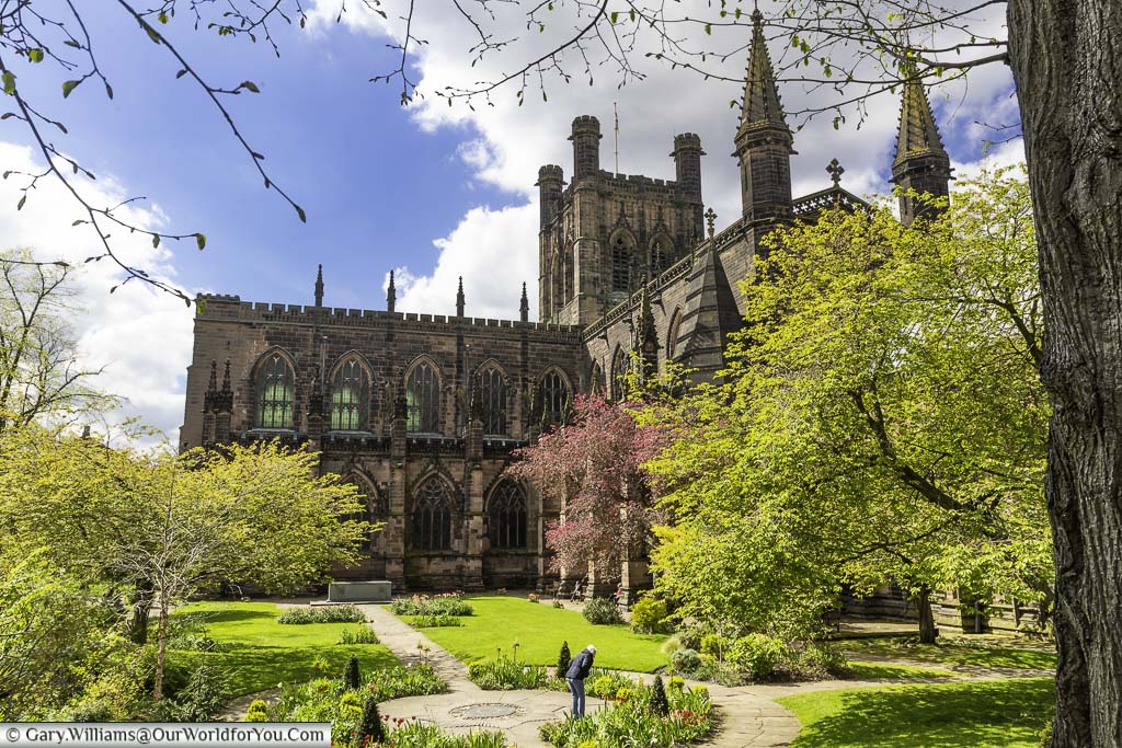 chester cathedral and its gardens as seen from the historic city walls