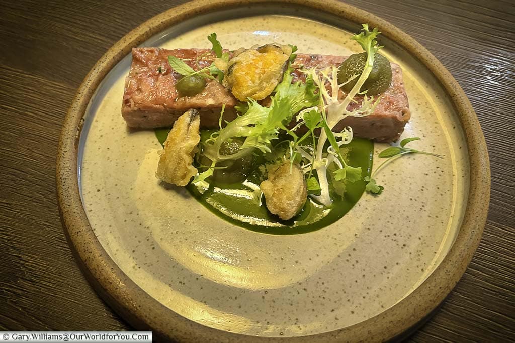 The cider braised ham knuckle starter at the forge restaurant in the hotel indigo chester