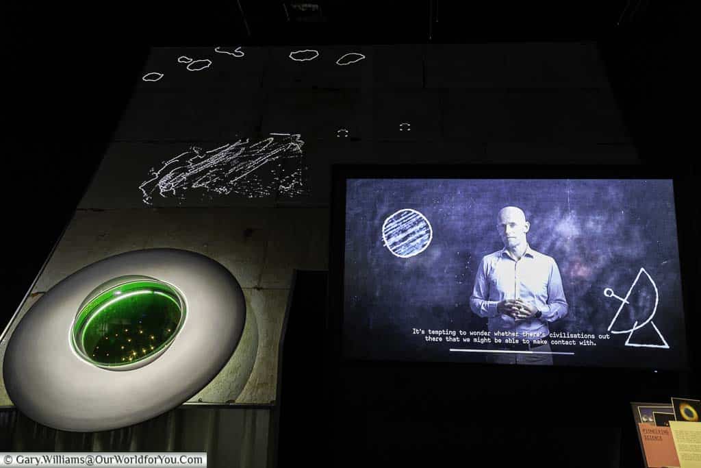 A video presentation within the main hall of the first light pavilion in jodrell bank in cheshire