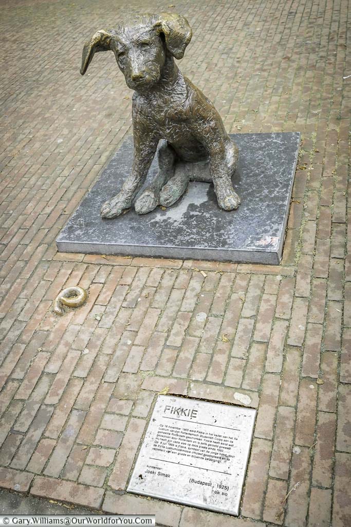 A bronze statue on the pavement to fikkie a dog of note in rotterdam, with a little bit of bronze 'mess' he may have been responsible for.