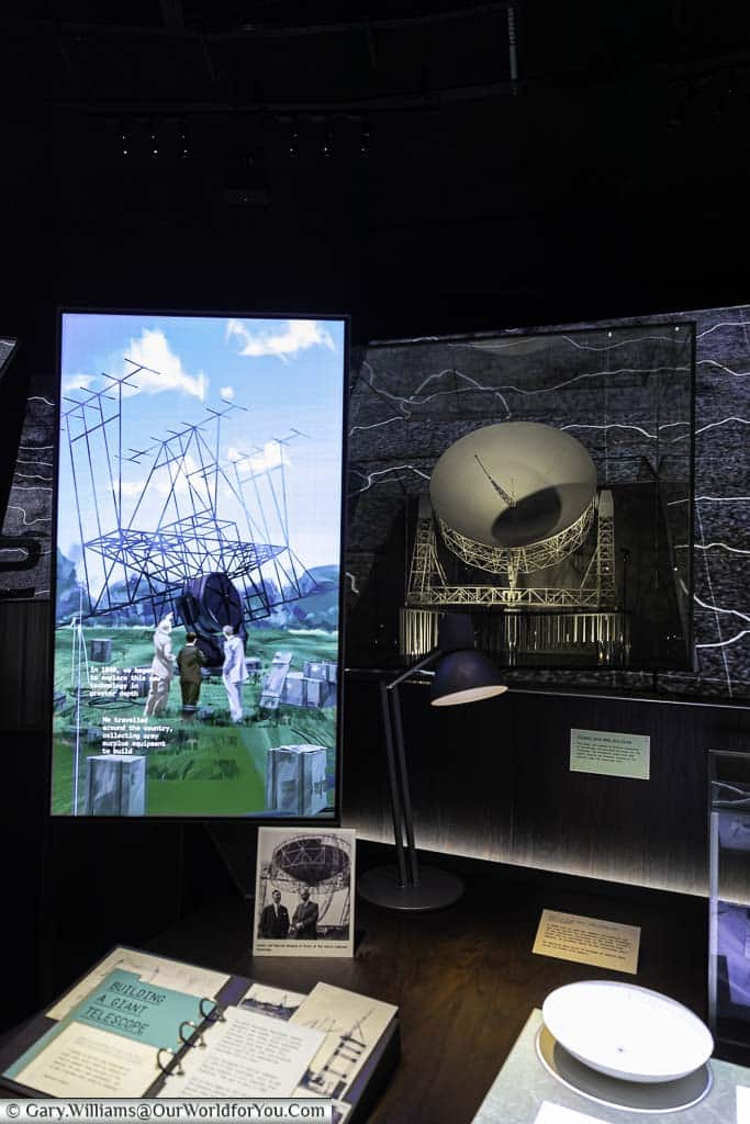 A display desk with the plans for the lovell telescope at jodrell bank in the first light pavilion