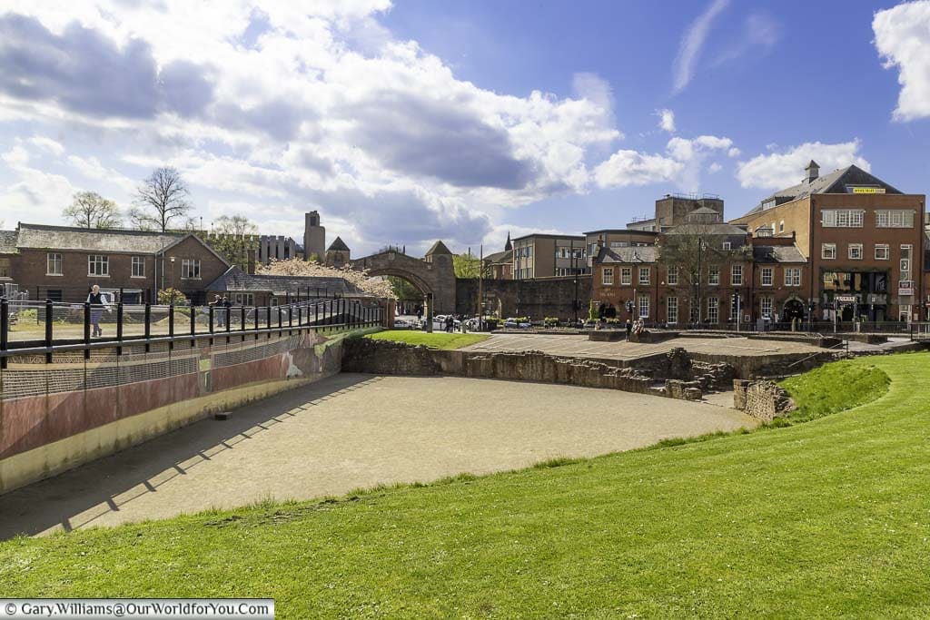 The view of the roman amphitheatre in chester from the grassy bank that would have been the walls