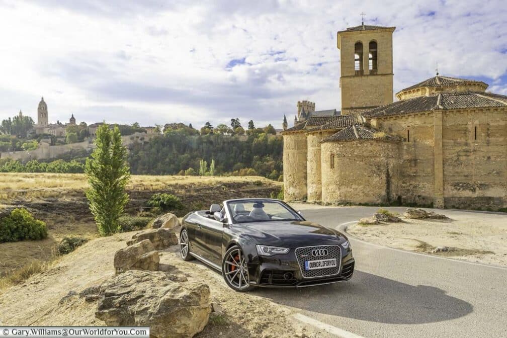 Our audi RS5 convertible, parked by the vera cruz church in segovia in central spain, visited as part of our spanish road trip