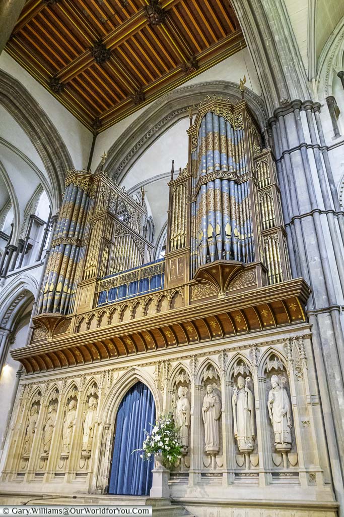 The grand organ, with it's ornate pipework in the heart of rochester cathedral in kent