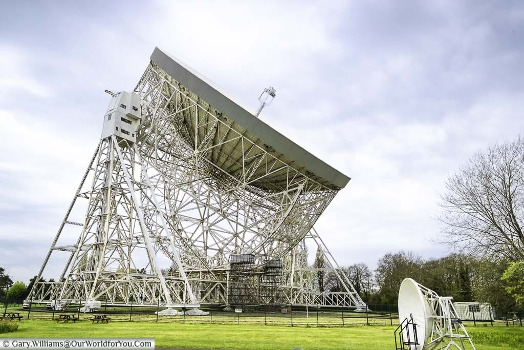 A view of the magnificent lovell telescope, pointing skyward, at the jodrell bank observatory in the heart of the beautiful cheshire countryside