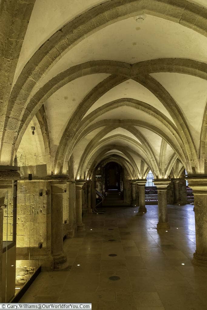 The vaulted arches of the medieval crypt of rochester cathedral in kent