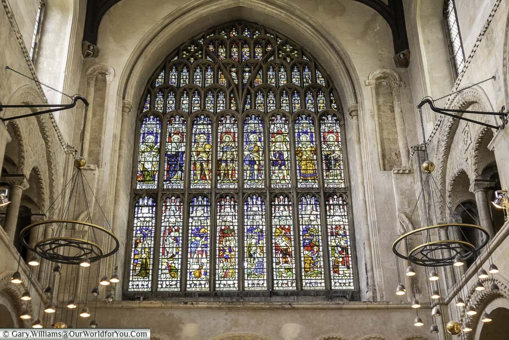 A close-up look at the main ancient stained glass window of rochester cathedral in kent