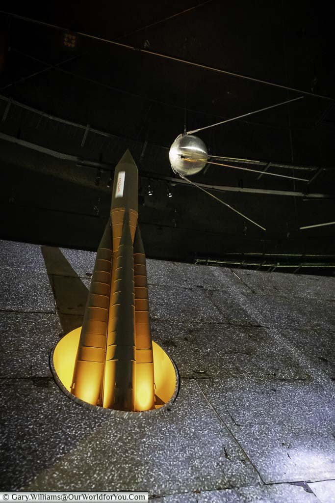 A model of the sputnik rocket and satellite that proved the worth of the lovell telescope at jodrell bank