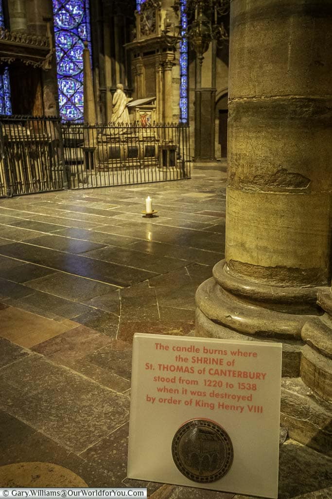 A candle stands on the spot in Canterbury Cathedral where St Thomas' shrine stood until destroyed under Henry VIII's orders.