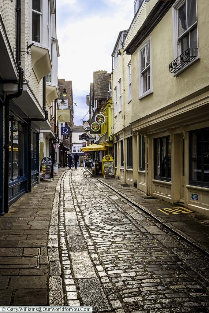 The narrow cobbled Butchery Lane in Canterbury