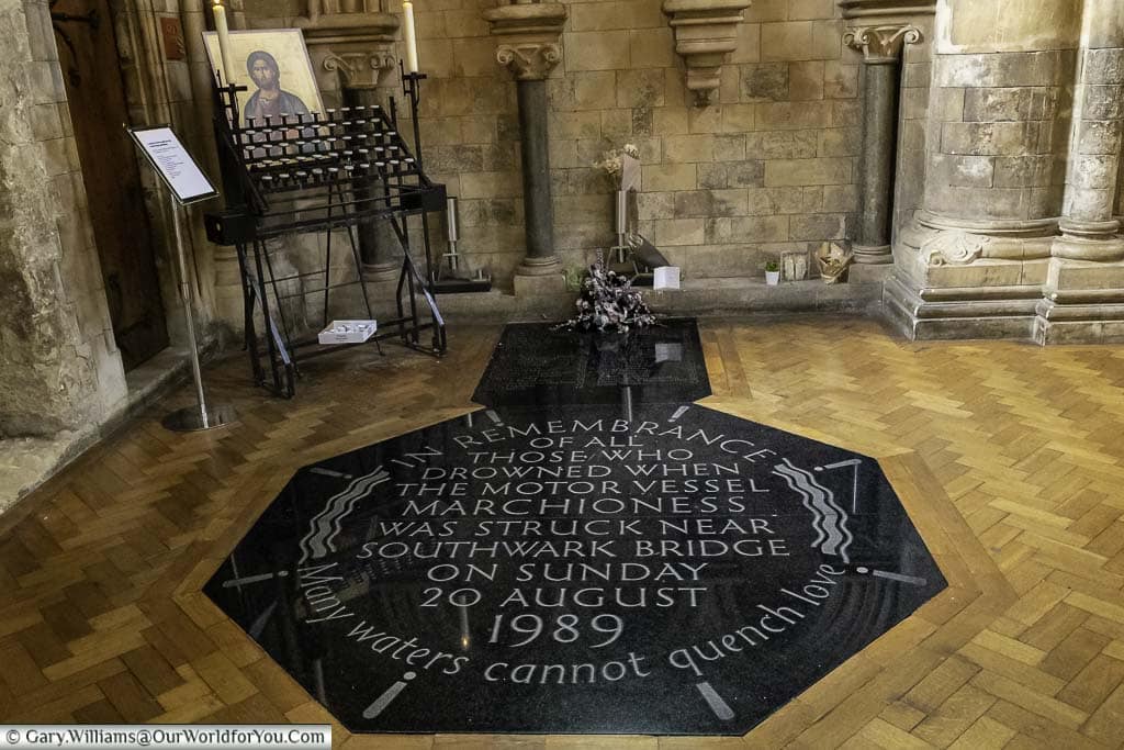 The memorial stone set in the floor of southwark cathedral to those 51 souls who lost their lives in the marchioness pleasure boat disaster on 20th august 1989