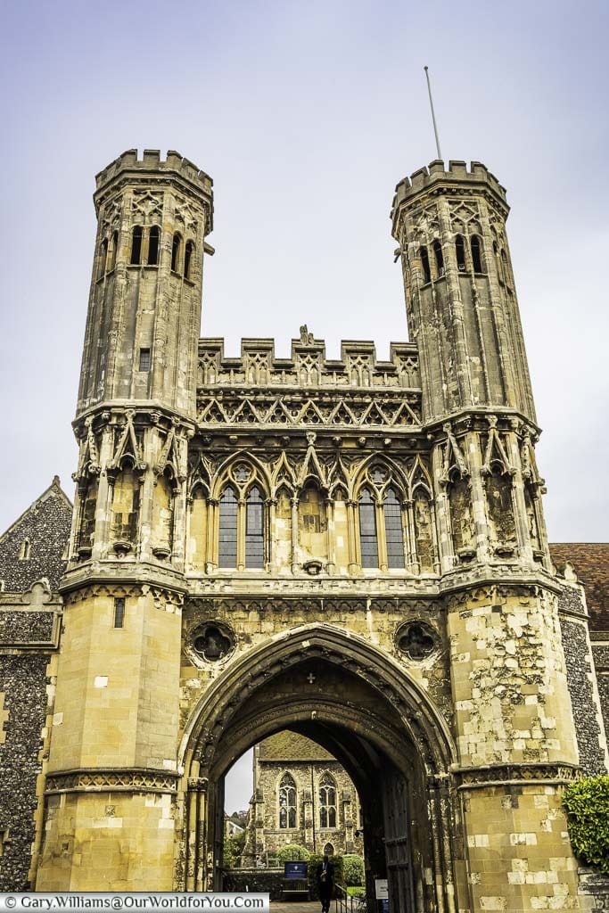 The large stone turreted gatehouse to St Augustine’s Abbey in Canterbury, Kent