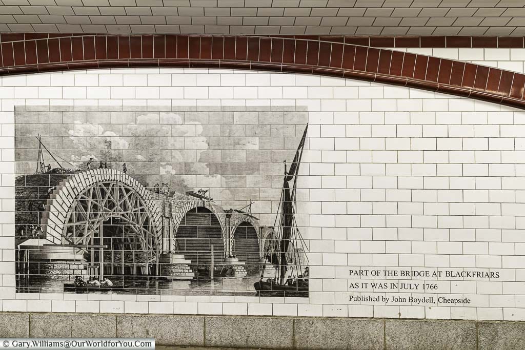 The history of blackfriars bridge on the tiles of the underpass under blackfriars bridge in london