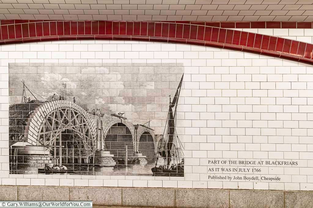 The history of blackfriars bridge on the tiles of the underpass under blackfriars bridge in london