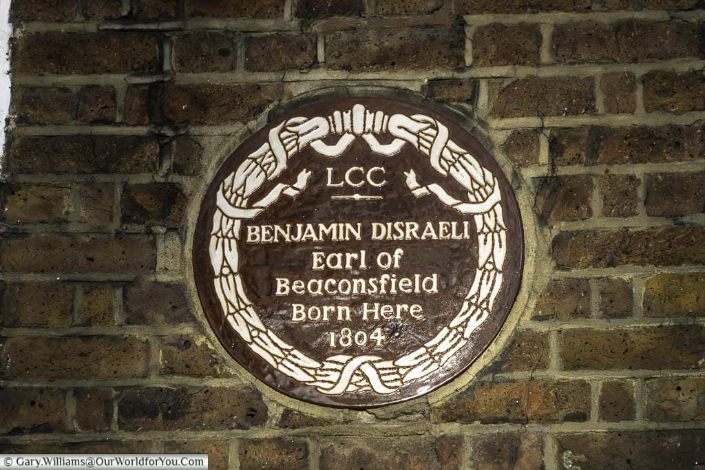 An original brown plaque to Benjamin Disraeli, british prime minster, who was born in holborn