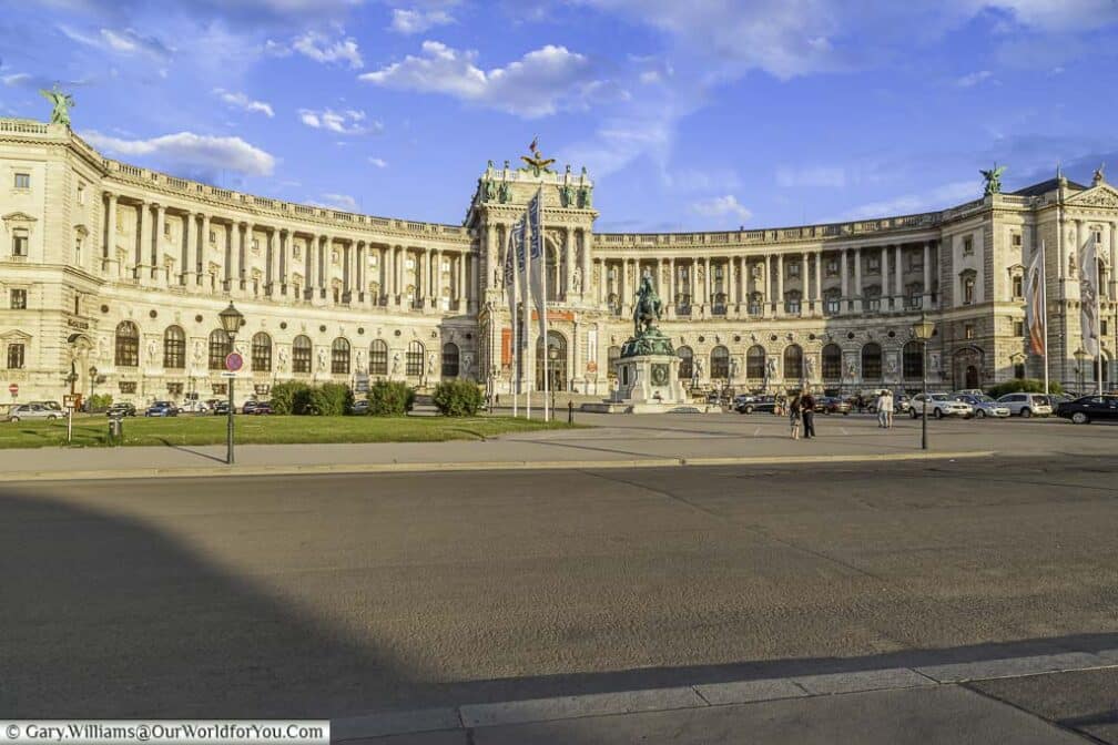 The Neue Burg, a crescent-shaped neoclassic building that overlooks Heldenplatz, or heroes square.
