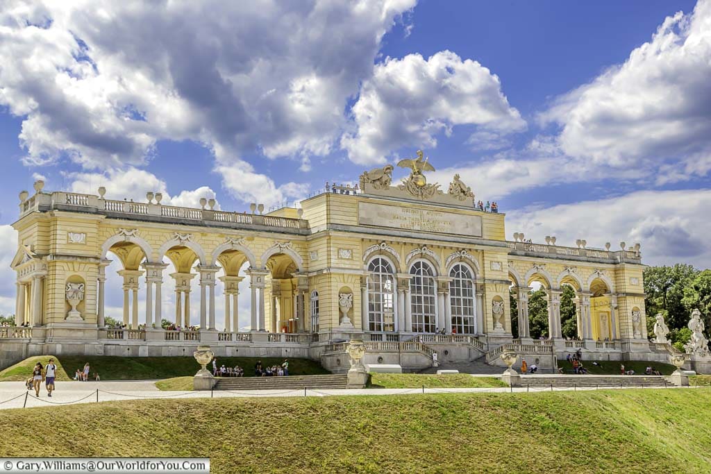 The Gloriette, an ornate pavilion, overlooking the Schönbrunn Palace from Gloriette hill. The neo-classical structure is now home to a cafe & restaurant.