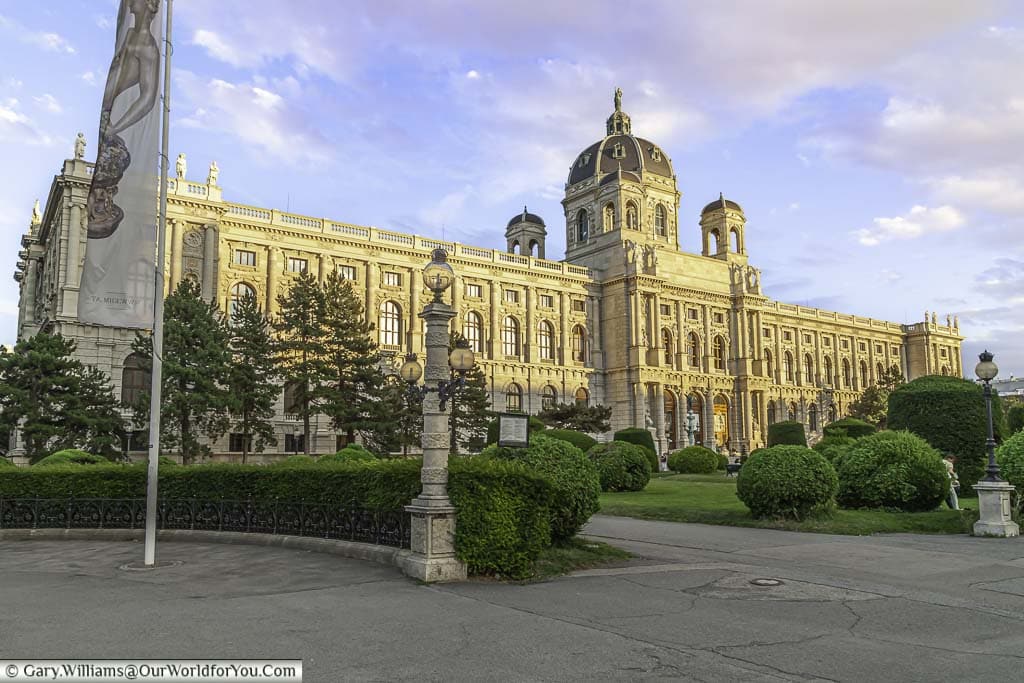 The Kunsthistorisches Museum, another grand classically styled building from the 19th century. The building sandstone catches the golden light of the evening in Vienna.