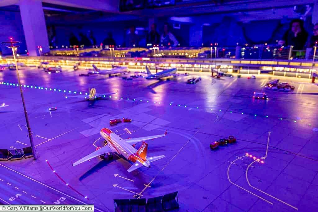 An easyjet flight at miniatur wunderland's airport at night in hamburg, germany