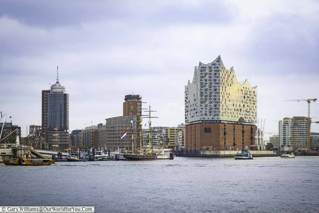 The elbphilharmonie concert building on the habour front as seen from across the river elbe in hamburg