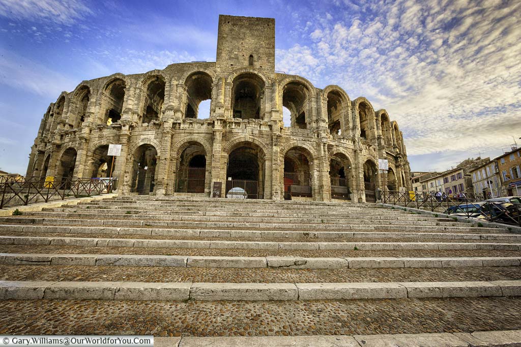 The ancient steps leading to Arles' Roman Amphitheatre in the Provence region of France.