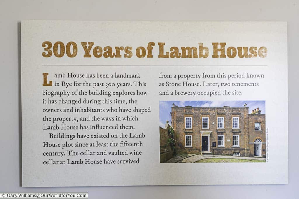 An information board detailing 300 years of history of lamb house in rye, east sussex