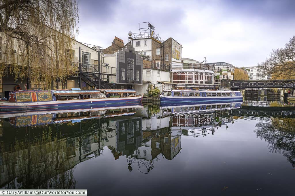 Narrowboats moored up on the Regent’s Canal at Camden