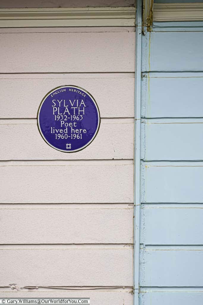 A blue plaque to the poet Sylvia Plath who lived in Primerose Hill