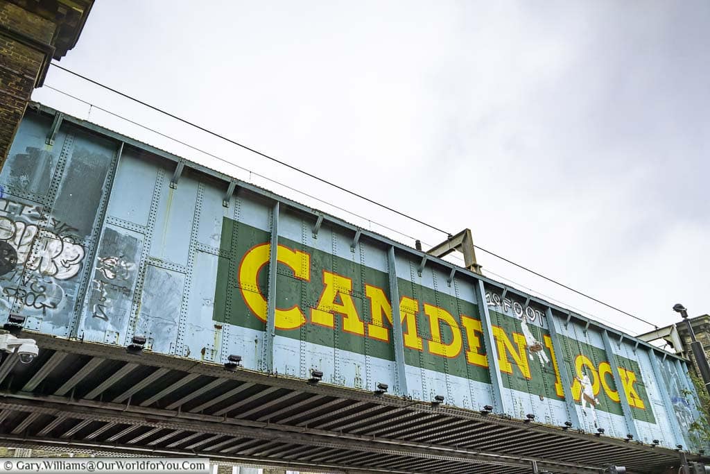 A close up of the Camden Lock railway bridge which is at the Camden Lock Place entrance to Camden Market.