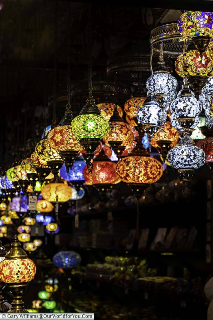 Colourful mosaic brass lanterns, Camden Market, London, England, UK