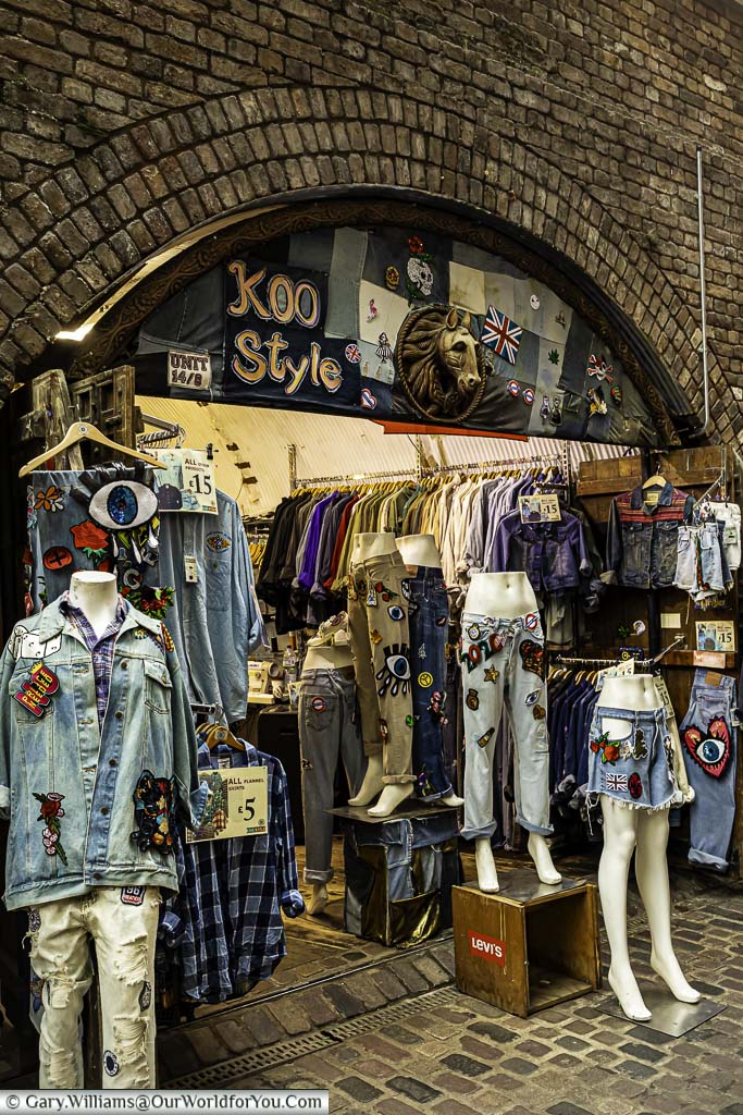 The Koo style store in one of the railway arches in Camden Market. The focus on the street display is denim, in some cases, double denim.