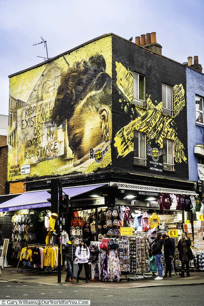 A mural for Dr Martens boots above a gift shop on the corner of Camden High Street and Jamestown Street.