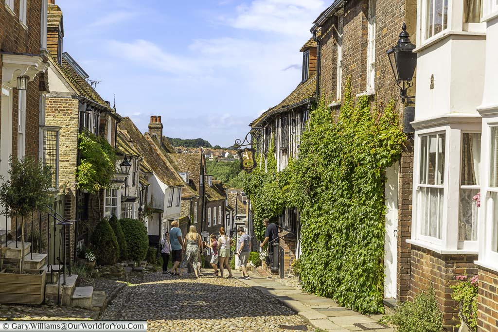 The view down the cobbled Mermaid Street in Rye, East Sussex