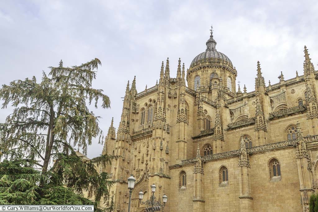 The old cathedral on a cloudy day in Salamanca.