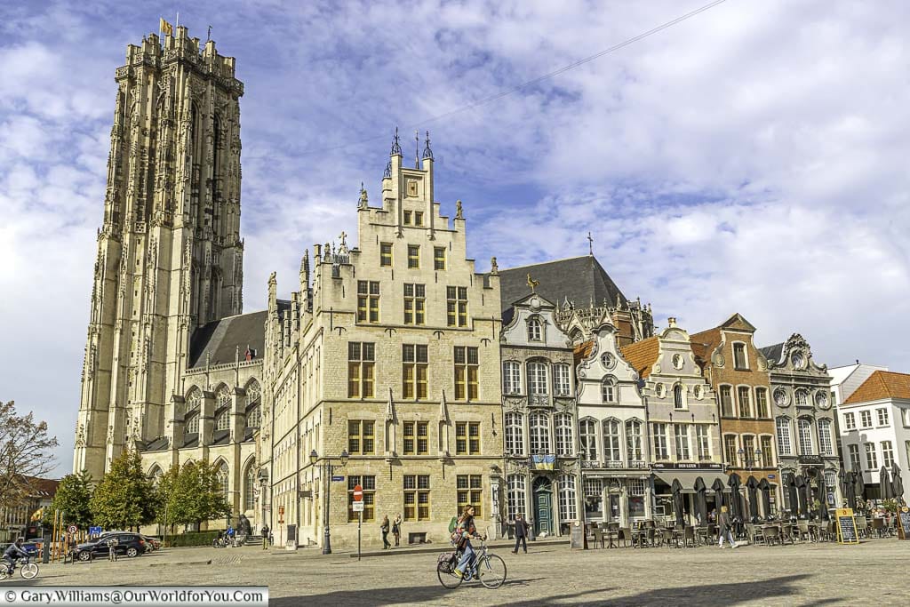 The view from Grote Markt in the centre of Mechelen with Saint Rumbold’s Cathedral in the background.