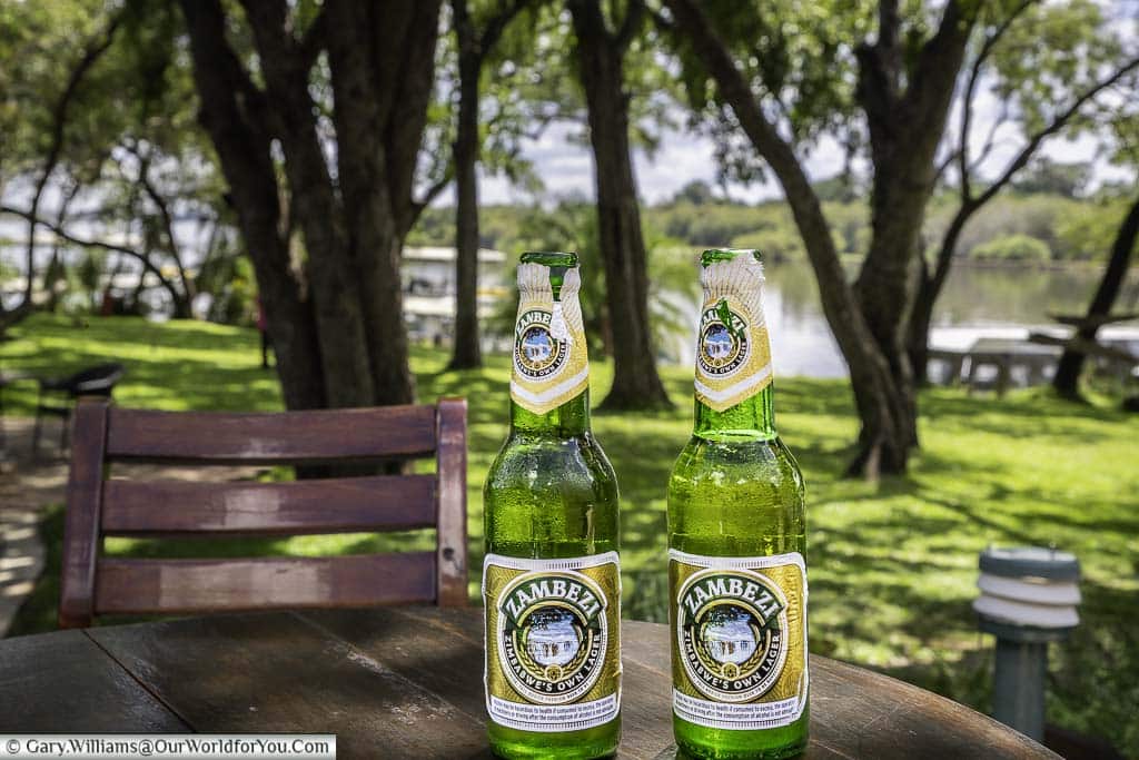 A couple of Zambezi beers at the A’Zambezi River Lodge, Victoria Falls, Zimbabwe