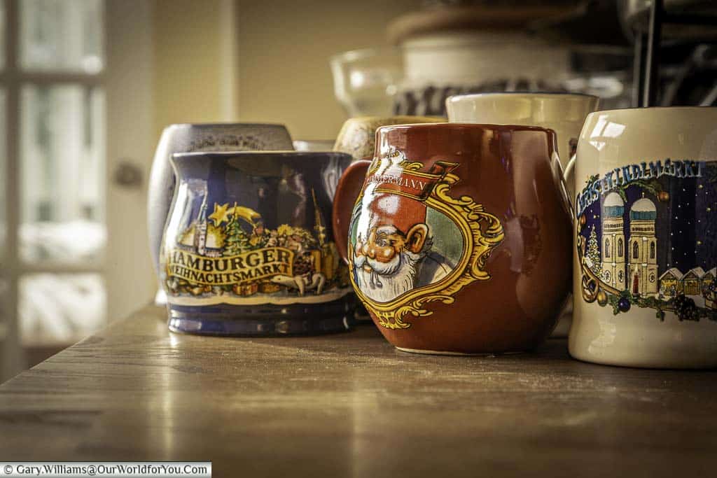 A small sample of our German Christmas mugs from the markets we have collected on our travels