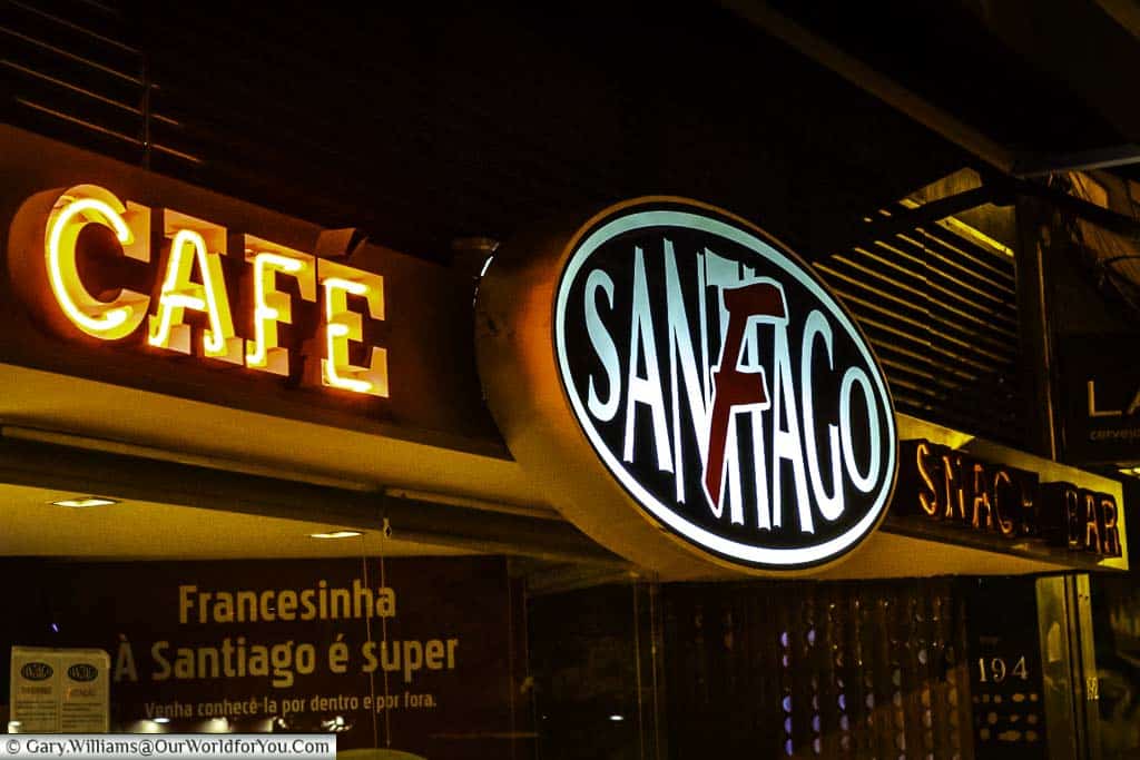 The sign above Café Santiago in Porto, home to possibly the best Francesinha in the city.