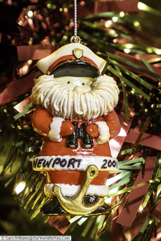 A nautical based santa christmas decoration from newport rhode island in the USA, hanging in our christmas tree
